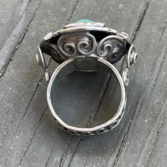 Vintage Sterling Silver Turquoise Ring Handmade Intricate Design Size 8 Boho Ch - Picture 11 of 11